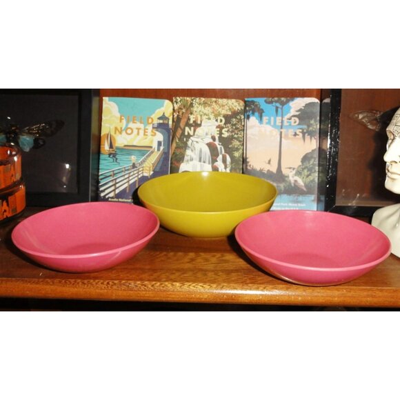 Vintage Pink & Mustard Yellow Sun Valley Melmac Snack Bowl Set of 3 mcm serving - Picture 3 of 10